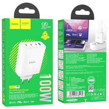 Сетевое зарядное  100W устройство Hoco N31 USB + 3 Type-C, GAN PD 100W, QC 3.0, белый